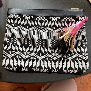 No Boundaries Black and White Geometric Cosmetic Bag with Multicolor Tassel EUC